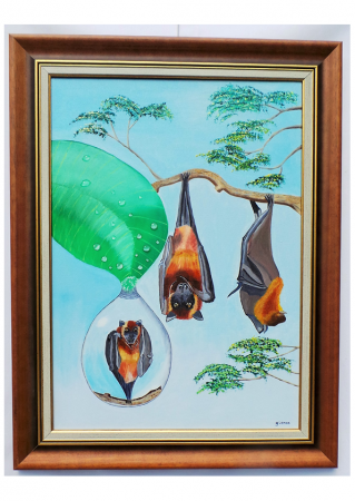 LES RENARDS VOLANTS : huile sur toile, 70 cm x 50 cm, février 2014. A travers cette toile et une goutte d’eau est mis en exergue le phénomène de la réfraction (inversion des personnages ou des paysages).